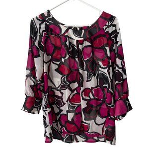 NWT Worthington Womens Large Sheer Floral Blouse Pink Red Black White